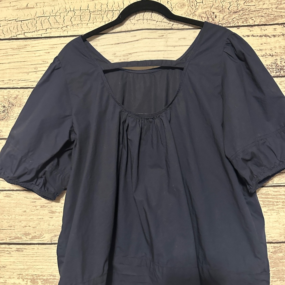 LOFT Navy Blue Blouse XL Puff Sleeve Scoop Neck Cotton Top - Picture 5 of 6